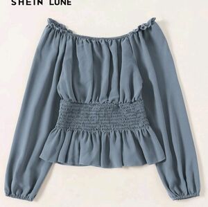 SHEIN LUNE Dusty Blue Shirred Waisted Frill Trim Peplum Blouse size XS